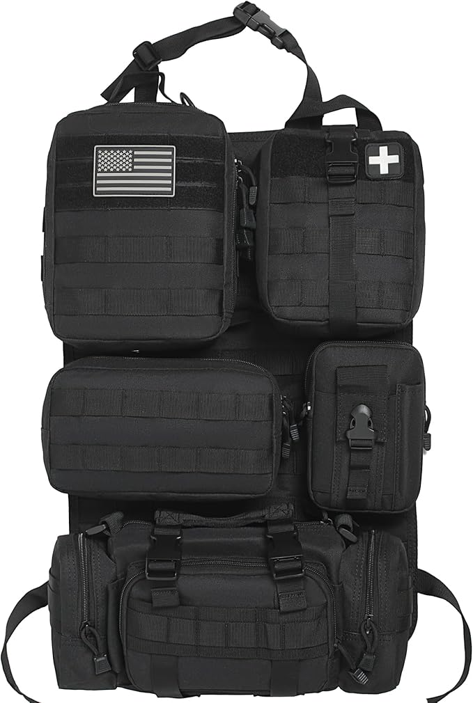 6 Pack Tactical Molle Car Seat Back Organizer - Tactical Vehicle Panel Organizer with 5 Detachable Molle PouchUS Flag Patch and KeychainGreat Trunk Accessories for Man