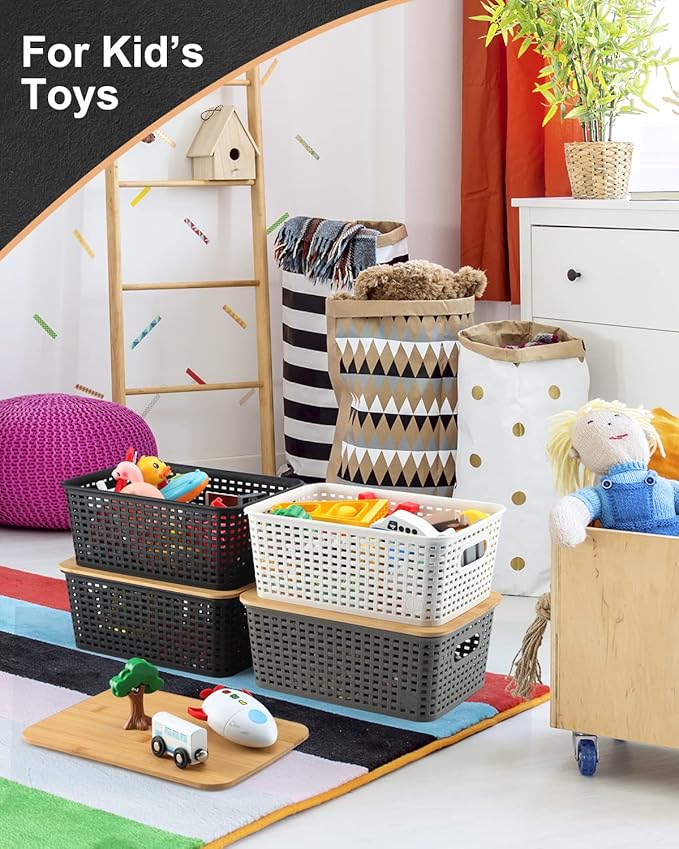AREYZIN Storage Bins with Bamboo Lids Set of 6 Lidded Storage Container Plastic Baskets Organizer Bins for Organizing Kithen Room Bedroom Office Closet Sturdy(Black)