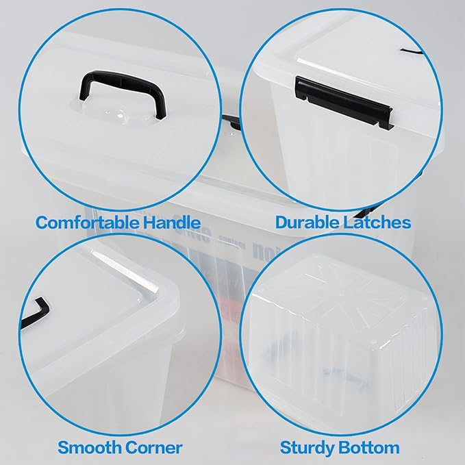20 L Clear Storage Box with Handle Plastic Latching Organizing Bin 4 Pack