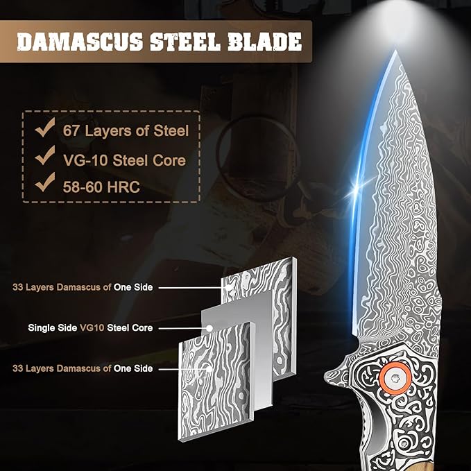 Damascus Pocket Knife For Men Folding Knife With Clip &amp 3.34 Damascus Steel Blade EDC Pocket Knife with Zebra Wood Handle for Camping Hunting Outdoor