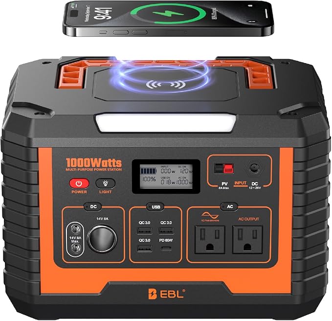 EBL Portable Power Station 1000W 999Wh Solar Generator 2000W Peak AC/Wireless Charging/60W USB-C Output Lithium Battery for Emergency Home Backup Camping RV Off-Grid Living