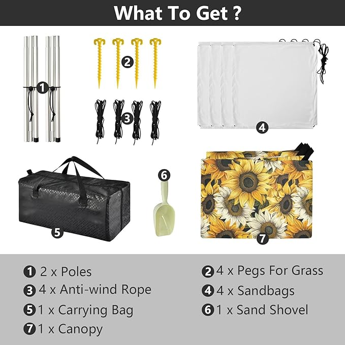 ALAZA Sunflower Vintage Yellow &amp White Beach Tent Sun Shelter UPF50+ Protection Beach Shade Canopy w/ 4 Sandbags for Outdoor Camping Fishing Backyard Fun Picnic 10x9 ft