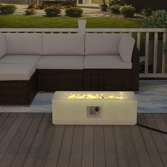 HOMPUS Outdoor Propane Fire Pit 44-inch x 17-inch Rectangle White Terrazzo Concrete Fire Table with Lava Rocks and Rain Cover 50000 BTU Gas Fire Pit for Patio Deck or Backyard