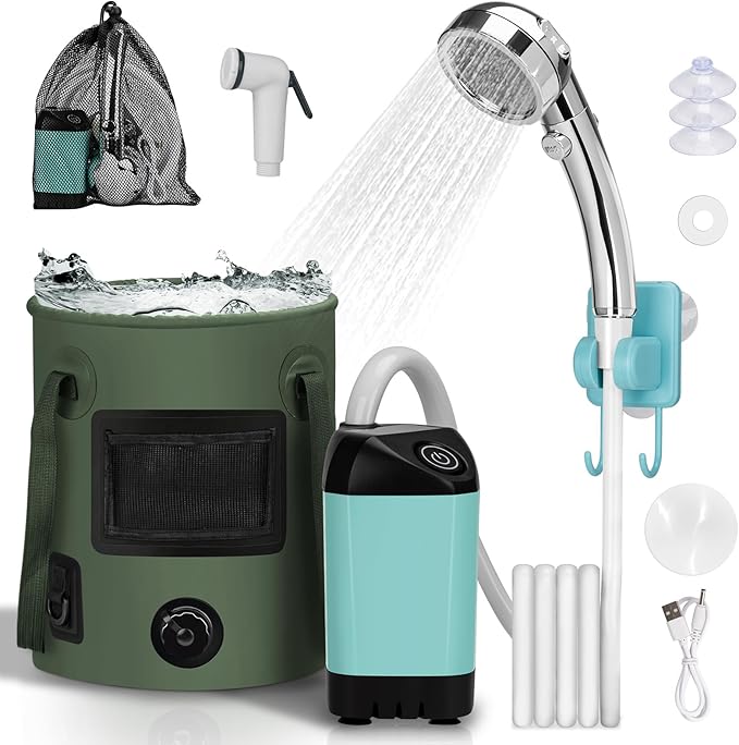 Portable Camping Shower Pop Up Shower Privacy Tent Kit with LED Lights 4500mAh Rechargeable Shower Pump Filtered Shower Head &amp 7.4 Gallons Foldable Bucket Outdoor Shower for Hiking Beach Trav
