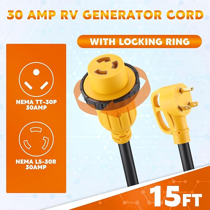 Kanayu 15FT 30 Amp RV Generator Cord and Power Inlet Box Compatible with NEMA TT-30P to L5-30R Lock Generator Extension Cord with LED Indicator Pre-Drilled L5-30P Inlet Box ETL Listed