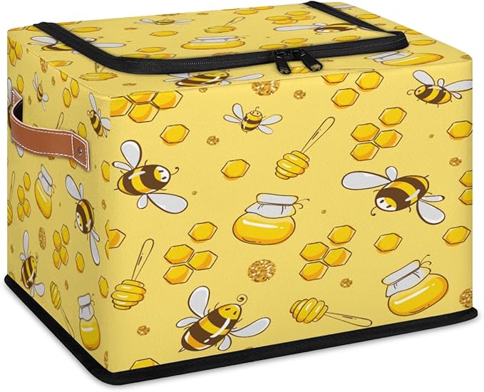 KOBLEN Animal Bee Pattern Storage Basket Collapsible Rectangular Storage Bins with Zipper Lid Handle Closet Shelf Cloth Organizer Basket for Nursery Bedroom Clothes Toy