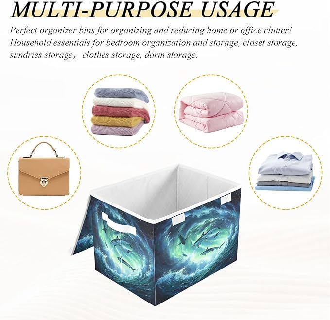MNSRUU Containers Baskets with Lids Aurora Shark Fabric Foldable Storage Bins Organizer with Lid Collapsible Storage Boxes for Home Bedroom Closet Office