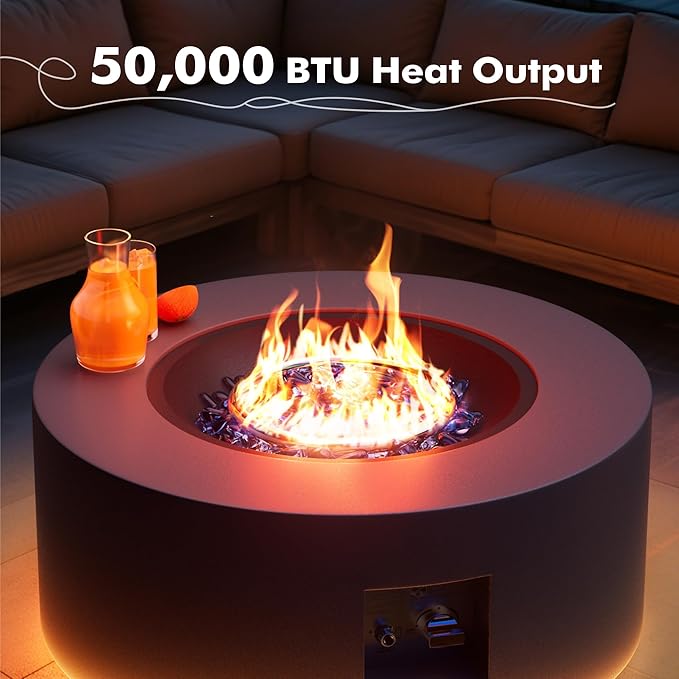 30 Round Propane Fire Pit Table - 50K BTU with Lid Rocks Tank Storage and Cover - Round Gas Fire Pits for Outside Patio - Outdoor Table with Firepit (Grey/Golden Light 30 Round)