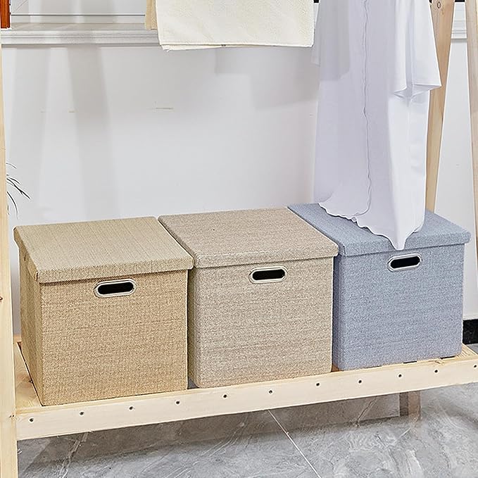 Storage Bins with Lids13 x 13 Inch Foldable Fabric Cube Baskets Boxes Organizer for Closet Shelves and Home. (Khaki (13x13) 4 pack)