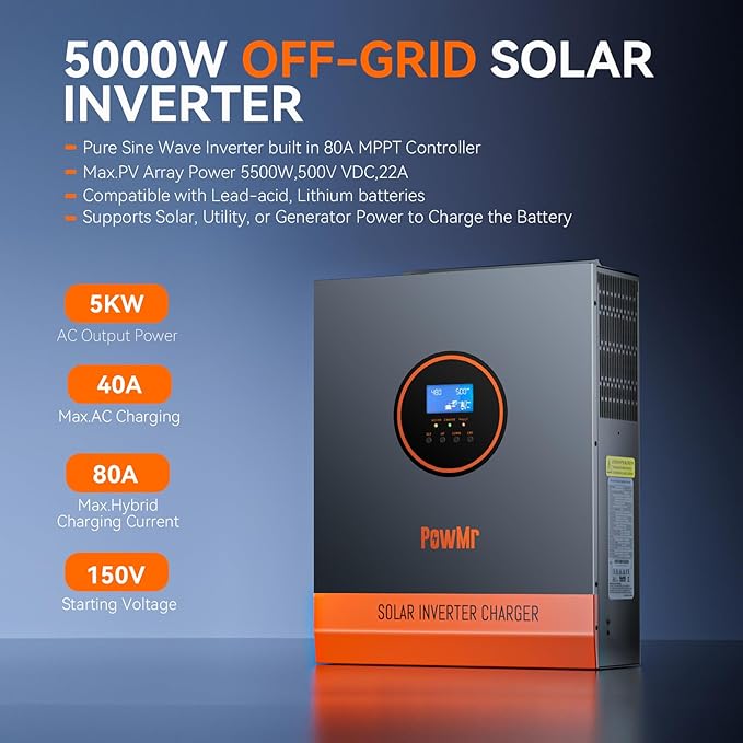 PowMr 5000W Hybrid Solar Inverter 48V to 110/120V AC Pure Sine Wave Power Inverter 5KW Built-in 80A MPPT Controller Max.PV Input 5500W 500V 22A Work for 48V Lead Acid Lithium Batteries