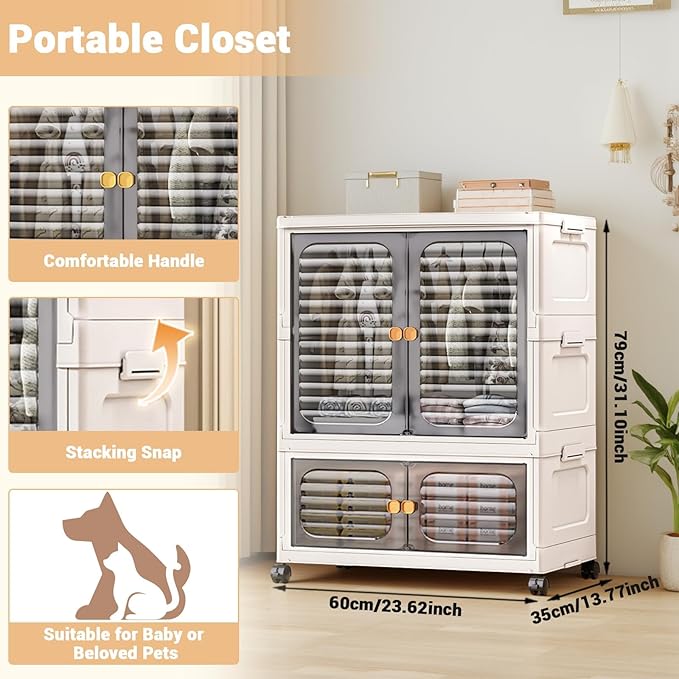 Takywep Stackable Plastic Storage Bins with Doors Wheels &amp Hanging Rods Large Collapsible Closet Organizer Cabinet Versatile Home Storage