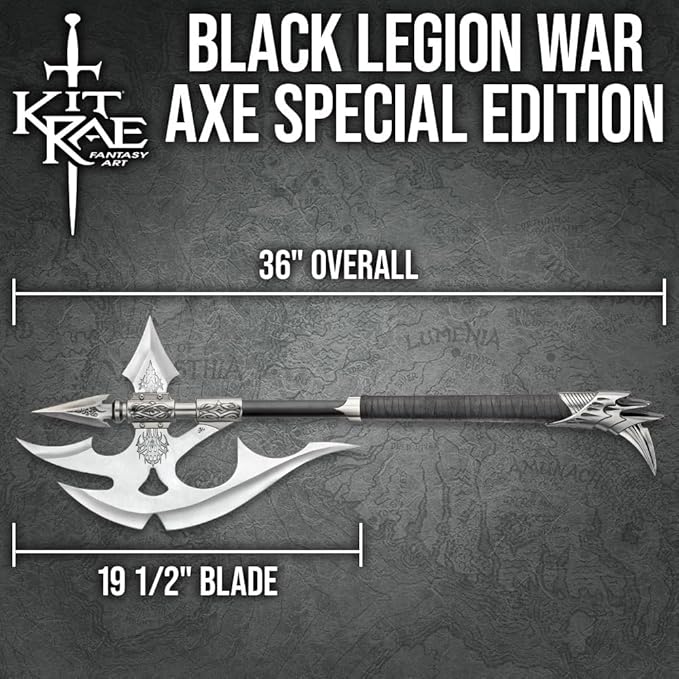 Kit Rae Black Legion War Axe - Special Edition | 19 1/2 420 Stainless Steel Blade | Leather-Wrapped Grip | Solid Metal Fittings with Back Spike | Includes Art Print &amp Certificate | 36 Overall