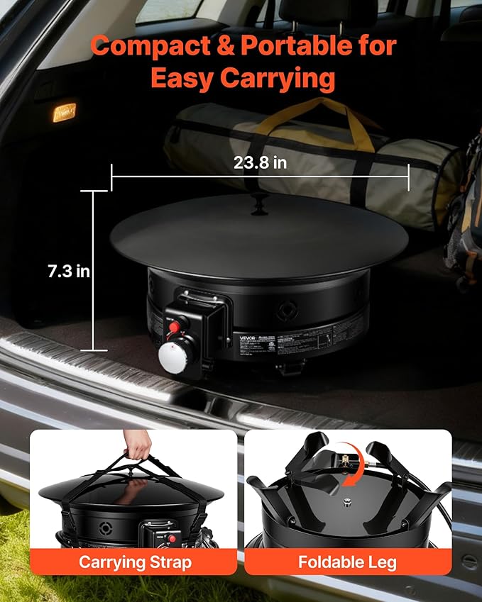 VEVOR Propane Fire Pit 24-Inch 53000 BTU Portable Gas Fire Pit with Grill Grate &amp Lava Rocks Adjustable Flame Folding LegsSmokeless Outdoor Firebowl for Camping Patio Backyard Deck RV B