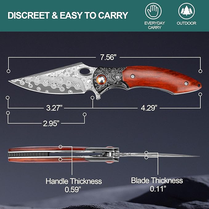 Zingbee Damascus Pocket Knife 3.27” Damascus Blade EDC Folding Knives with Guibourtia Wooden Handle Christmas Ideal for Utility Gift