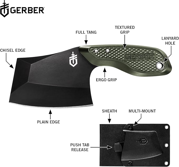 Gerber Gear TRI-Tip Mini Cleaver Fixed Blade Camping Knife with Molle Sheath for Survival and Bushcrafting Green