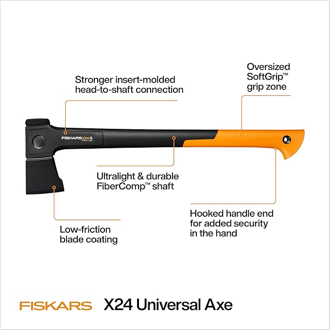 Fiskars X24 Universal Axe 24 Forged Steel Blade for Felling Trees &amp All-Purpose Chopping Shock-Absorbing FiberComp Handle &amp Low-Friction Coating for Clean Cuts in Fresh Resinous Wood