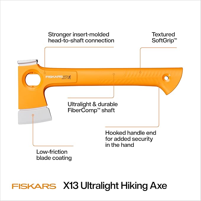 Fiskars X13 Ultralight Hiking Axe 13 Ultra-Sharp Forged Steel Blade for Efficient Chopping &amp Camping 15% Lighter High-Visibility Orange FiberComp Handle Drives Tent Stakes Sheath Included