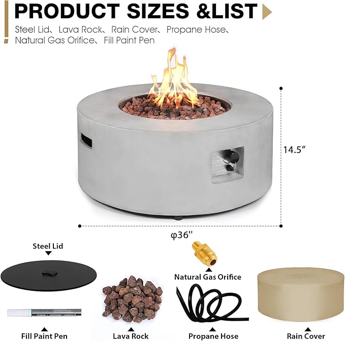 36-inch Outdoor Propane Fire Pit Table 50000 BTU Natural Gas Firepit Round Concrete Fire Table with Steel Lid Natural Gas Orifice Lava Rocks Rain Cover for Outside Patio Deck Backyard