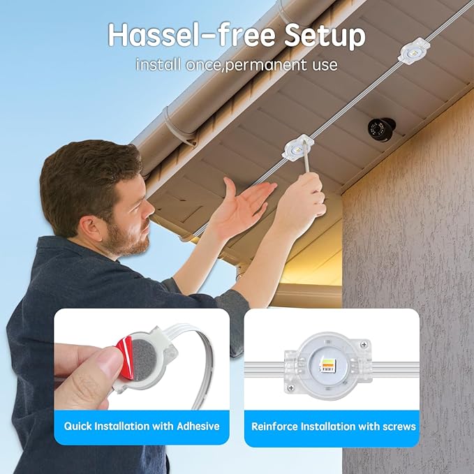 50FT Permanent Outdoor RGB LightsIP67 Waterproof Smart LED Eaves Lights with App/Remote Controlfor Christmas and All Holiday DecorDaily and Accent LightingHouse Roof and Garden Lighting