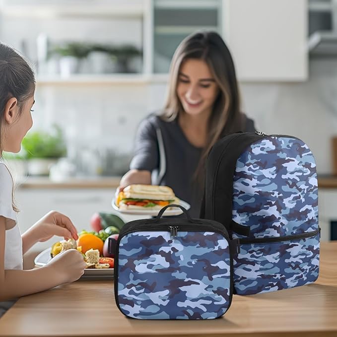 Blue Camo Backpack with Lunchbox Polyester Bookbag for Men Insulated Lunch Bag for Work Lightweight School Bag with Adjustable Shoulder Strap for Travel