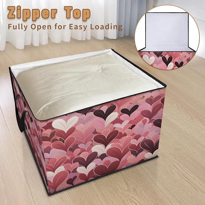 XL Large Clothes Storage with Lid Handle Heart Large Thick Clothes Blanket Storage Containers for Organizing Bedroom Closet Comforter Organization Storage Valentine's Day