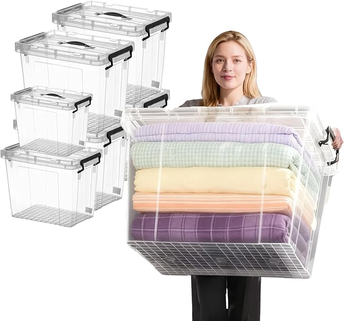 6 Pack Clear Storage Bins with Lids 288 QT (4 Pack-60 QT 1 Pack-28 QT 1 Pack-20 QT) Stackable Plastic Organizer for Home Office Garage BPA-Free Heavy-Duty with Secure Latches &amp Handles