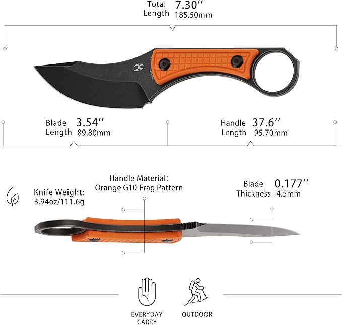 KANSEPT Niko Fixed Blade Knife 3.54'' Blackwash D2 Sharp Blade with Orange G10 + Frag Pattern Handle Adjustable Kydex Sheath for Edc Hunting Survival Camping G004A10
