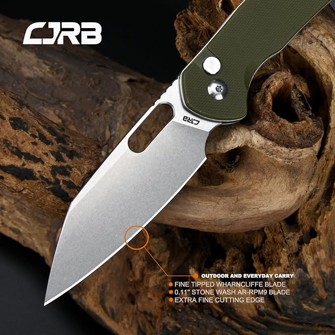 CJRB Pyrite-Alt (J1925A) Folding Pocket Knife 3.11 Stonewash AR-RPM9 Steel Blade Green G10 Handle Manual Thumb Hole Open Button Lock EDC Knife for Outdoor Hiking