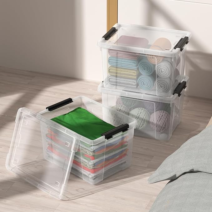 4 Pack 23 L Plastic Latching Storage Box with Wheels Stackable Container Bin for Holiday Decorations and Accessories Clear