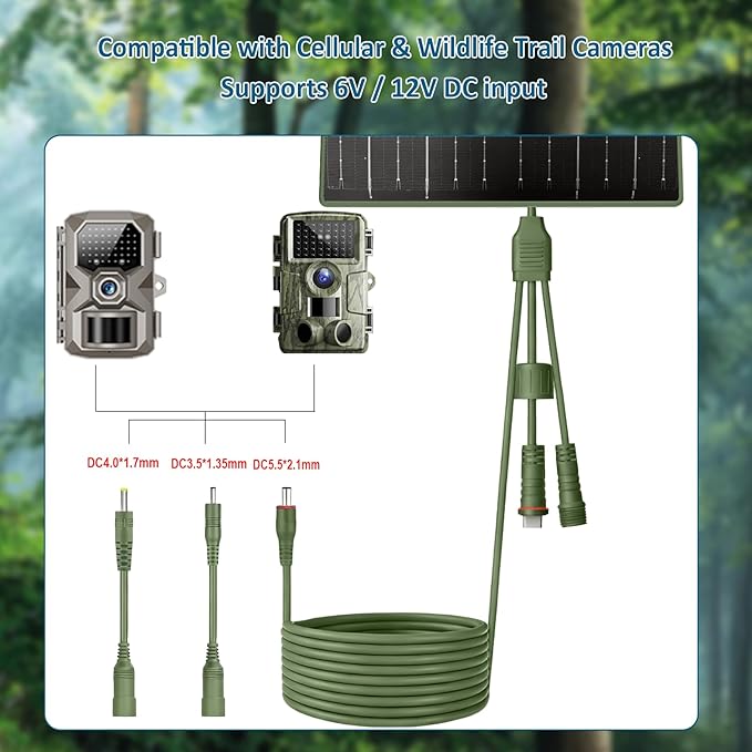 Zivif Solar Panel for Trail Camera 10W Solar Charger Built-in 10400mAh Rechargeable Battery 6V/12V Adjustable Output USB-C &amp DC Plugs IP66 Waterproof 360° Adjustable Mount