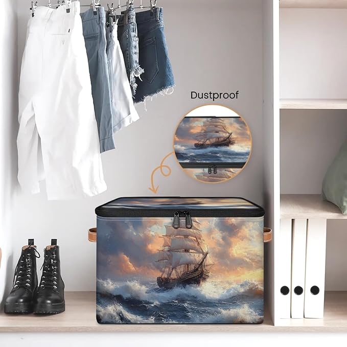 Storage Bins with Lids Ship Ocean Storage Basket Clothes Organizer with Handles Closet Storage Containers for Clothing Bedding Blanket