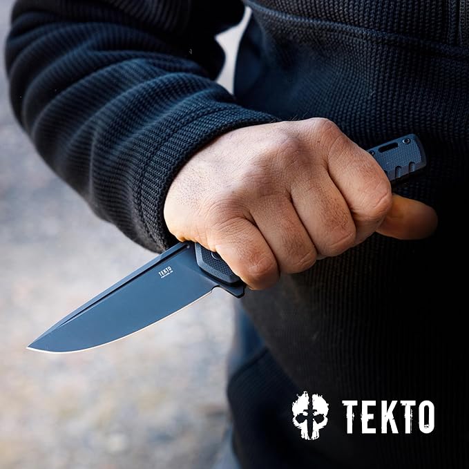 TEKTO F3 Charlie Button Lock Folding Knife Oversized Fine Edge Blade - Easy Open Pocket Knife with Titanium Coated D2 Steel &amp Black Titanium Barrel Spacers