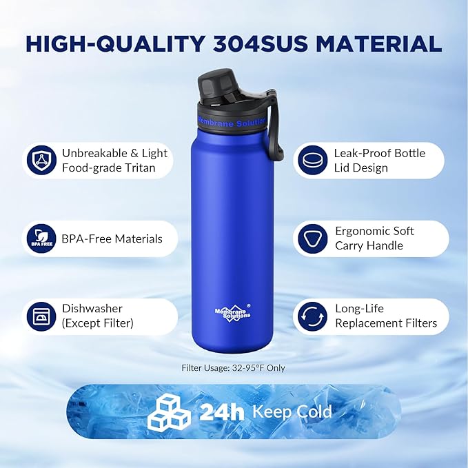 Membrane Solutions C3 Filtered Water Bottle 32oz Stainless Steel Water Bottle with Replaceable UF+ACF Filter Cartridge Portable Water Filter Travel Hiking &amp Camping for Drinking Water