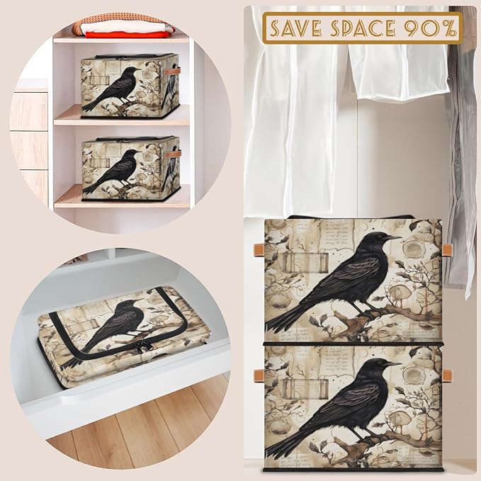 Halloween Crow Storage Bins with Lids Tree Collapsible Cube Storage Basket with Leather Handle Foldable Storage Box with Lids for Organizing Home Closet