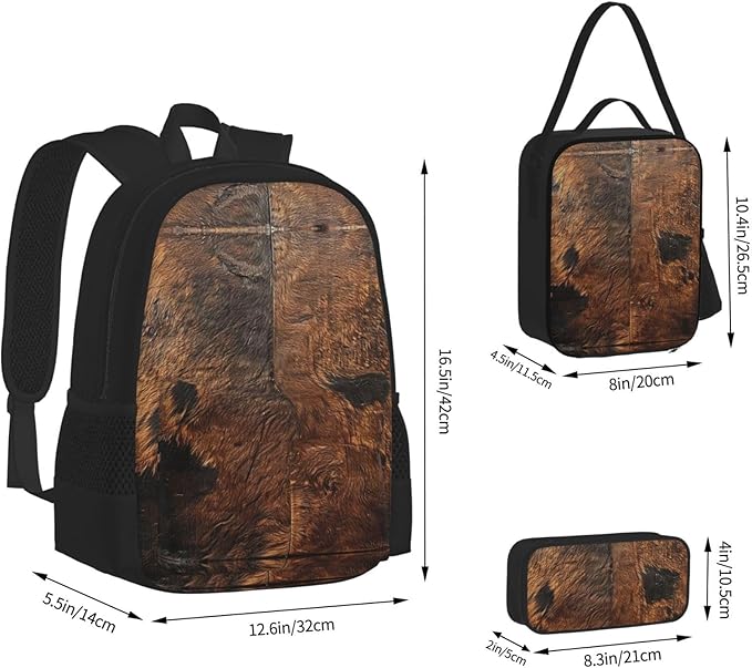 Brown Cowhide Art Backpack With Lunch Box 3 In 1 Set With Pencil Case Large Capacity Backpack With Chest Strap