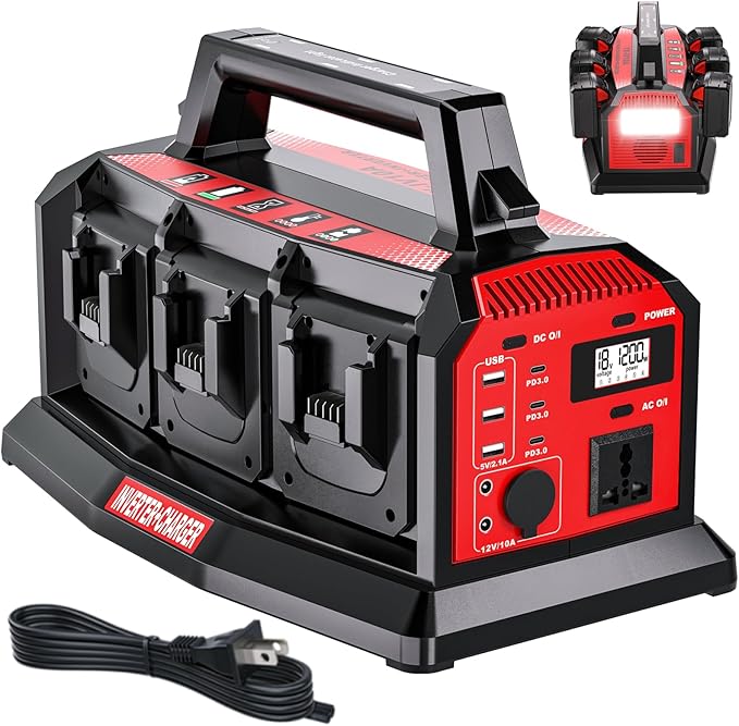 1200W Integrated Power Inverter with 6A Fast Charger 6 Ports for Milwaukee M18 Battery Portable Pure Sine Wave Inverter with 120V AC Outlet 6*USB and LED Light for Camping Travel Jobsite(Tool Only)