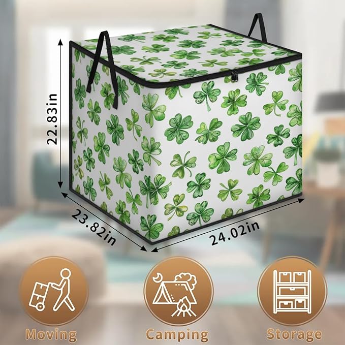 XL Large Clothes Storage with Lid Handle St.patrick's Day Large Thick Clothes Blanket Storage Containers for Organizing Bedroom Closet Comforter Green Shamrock Lucky Clover Leaf
