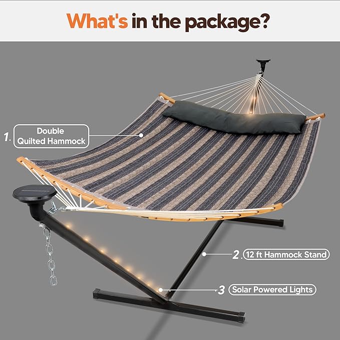 SUNCREAT Double Outdoor Hammock with 12 ft Stand Stand Alone Hammock with Solar Powered Lights Gray Stripes