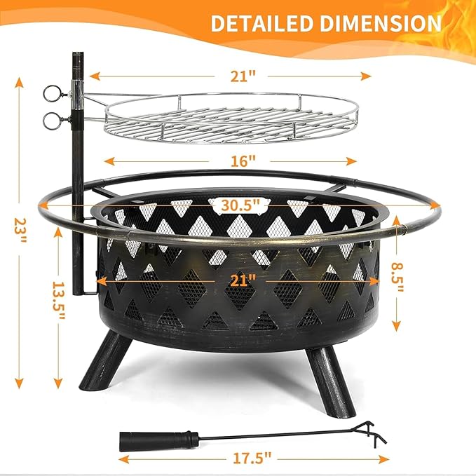 2 in 1 Firepit with Grill 30 Inch Outdoor Fire Pit with Mat &amp Spark Screen &amp Cooking Grate - Large Round Steel Fire pits for Patio Backyard &amp Garden - Includes Poker for Wood Burning &amp