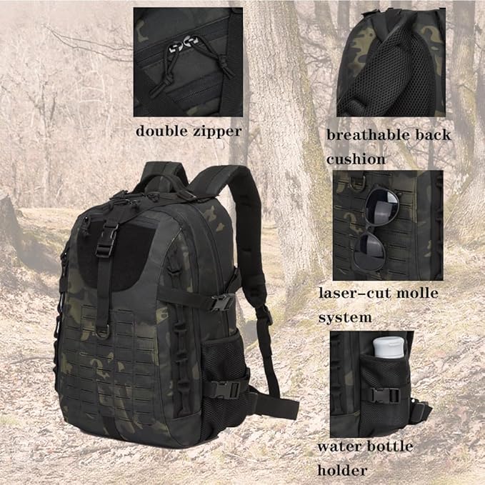 Military Tactical Backpack For Men Laser-Cut Molle Daypack 3 Day for HikingWorkingTravel (black camo)