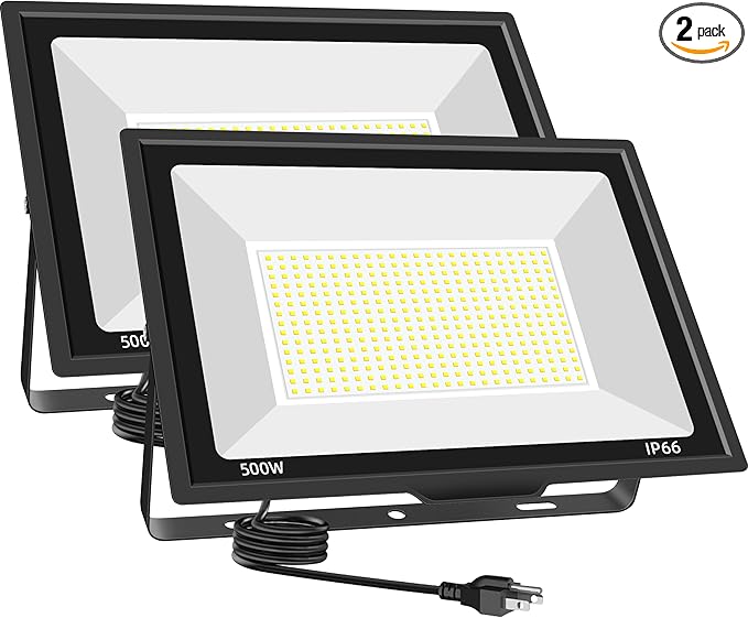 500W LED Flood Light Outdoor 2 Pack 2000W Equivalent FloodLight with Plug Super Bright 55000LM 6500K Daylight White IP66 Waterproof Commercial Lighting for Sports FieldsCourtsArenaStadium