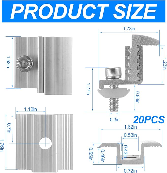 LANIAKEA 28PCS Solar Panel End Clamps 35-50 mm Adjustable End Panel Clamps Aluminum Solar Mid Clam for Metal Roof Tin Roof Flat Roof Solar Panel PV Mounting System
