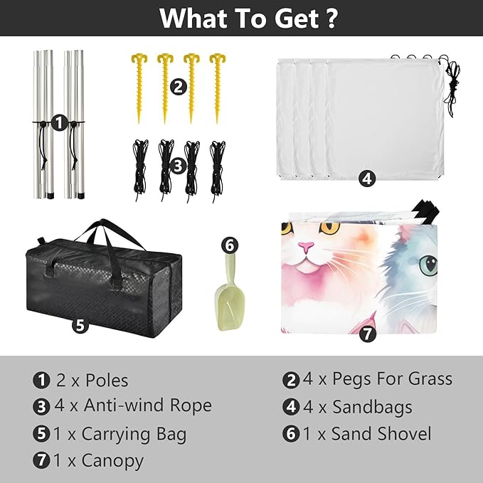 ALAZA Cute Cat Watercolor Kitten Beach Tent Sun Shelter UPF50+ Protection Beach Shade Canopy w/ 4 Sandbags for Outdoor Camping Fishing Backyard Fun Picnic 10x9 ft