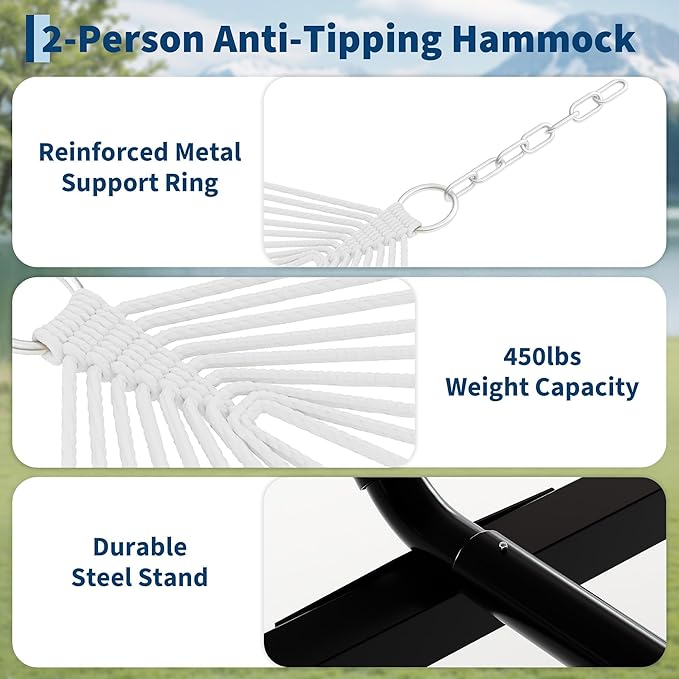 2 Person Outdoor Hammock with Stand 450LBS Capacity Heavy Duty Hammock with Carrying Bag &amp Soft Pillow Portable Indoor Outdoor Hammock Perfect for Backyard Patio Beach