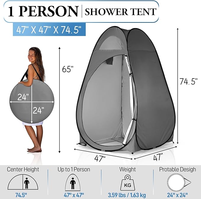 Outvita Shower Tent Instant Privacy Dressing Changing &amp Toilet Tent 74’’ Portable Outdoor Shelter for Camping Hiking Fishing Picnic Beach with Carry Bag (Gray)