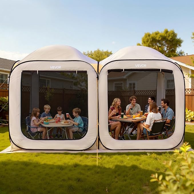 VEVOR Pop up Screen House Tent 12 x 6 ft 2 in 1 Screen Gazebo Portable Screened in Canopy with Carry Bag Netting Sides Ground Stakes for Garden Patio Backyard and Outdoor Activities Beige