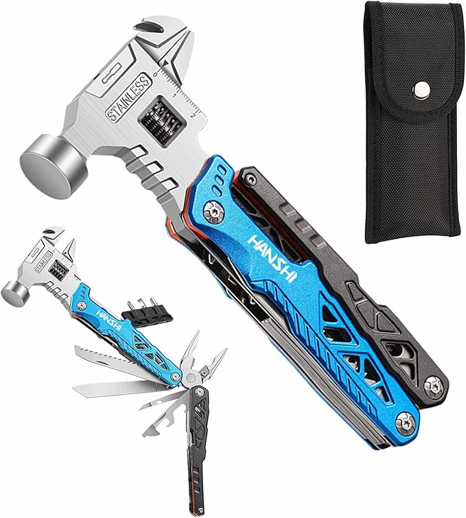 HANSHI Upgraded Adjustable Wrench Multitool Hammer with YG10 Tungsten Steel Replaceable Wire Cutters for Men18 in 1 Pocket Multi Tool Knife with Spring-Action Pliers for CampingSurvival (Blue)
