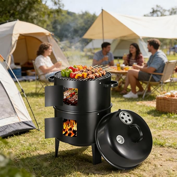 16.5-Inch Vertical Charcoal Smoker Heavy Duty Round Multi-Layer BBQ Grill with Thermometer for Smoking Meats (Black)