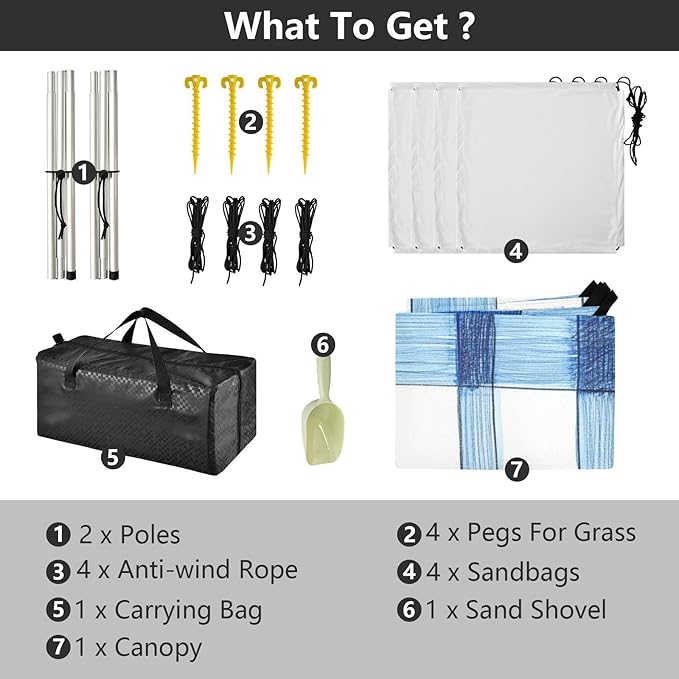 Cornflowerblue Checked Hand-Drawn Sketch Foldable Beach Canopy UPF50+ Lightweight Large Portable Sun Shelter with Sandbags Sand Shovel Poles for Camping Picnics Backyard