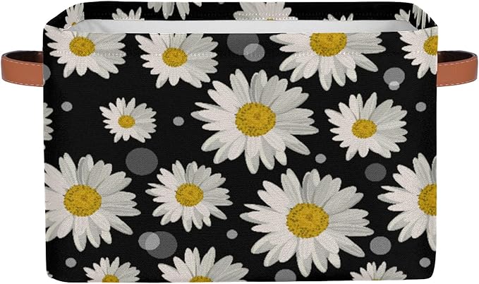 Pardick Daisy Storage Basket Bins Flower Floral Toys Books Clothes Canvas Storage Box Cubes Rectangular Collapsible with Handles for Bedroom Nursery Home Office Decor Organizer Basket